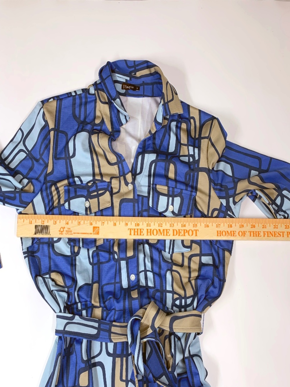 J. McLaughlin Knit Jersey Collared Belted Shirt Dress Women Blue Geometric Med - Picture 3 of 11